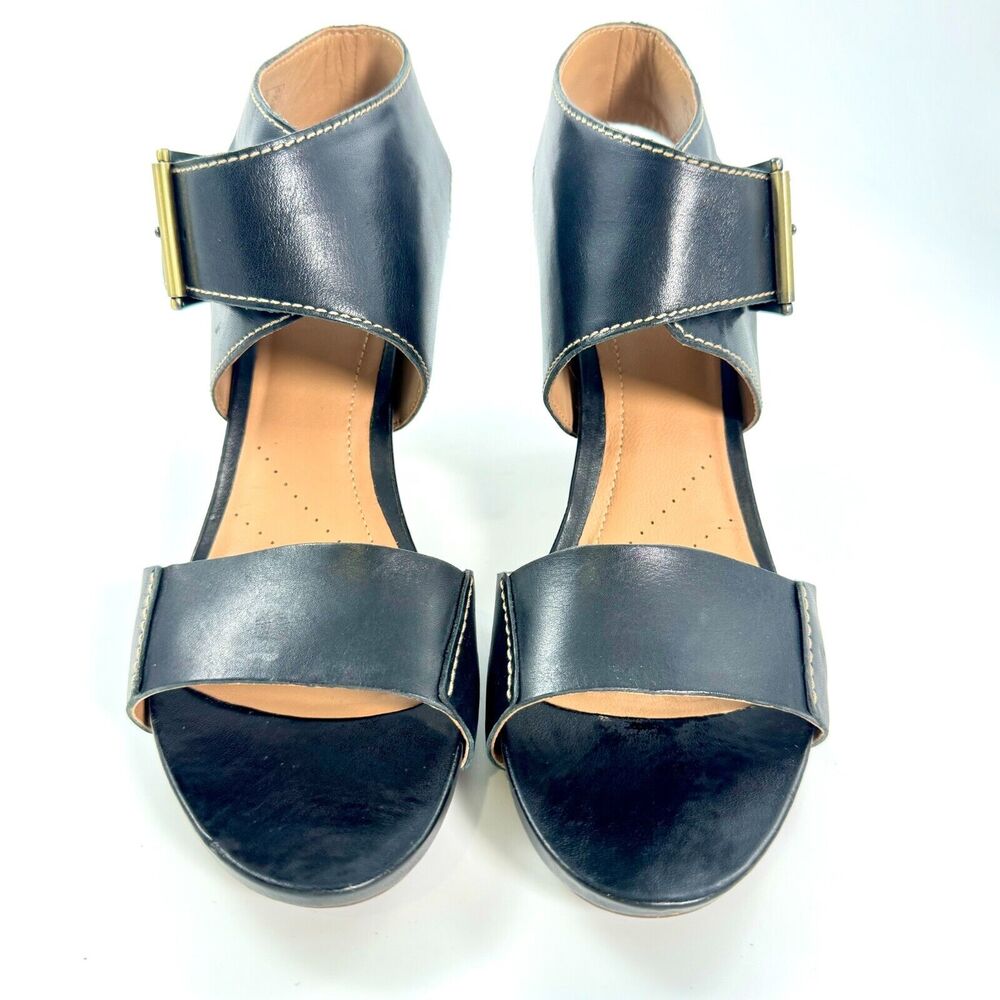 Clarks Artisan Black Leather Buckle Block Heel Sandals Women US 10 EU 41.5‎